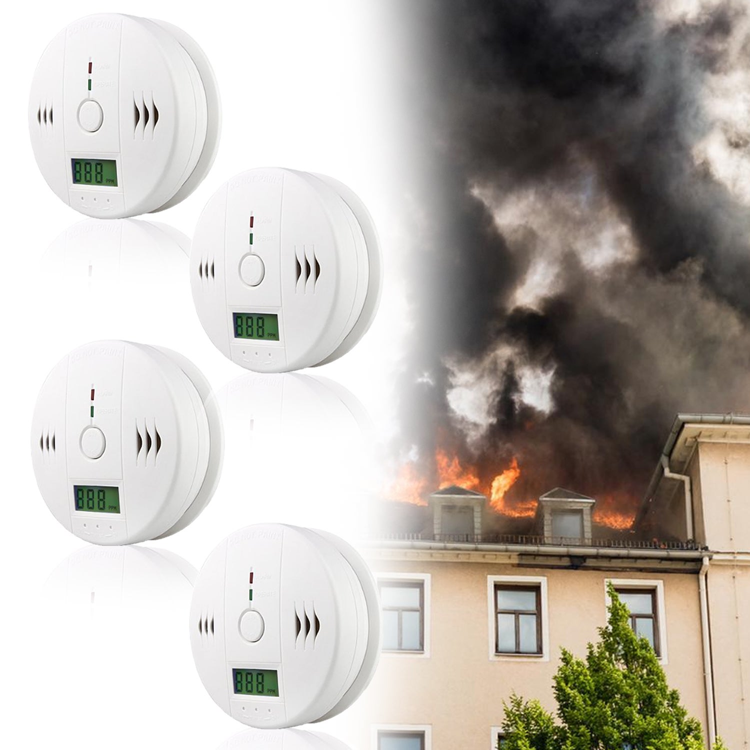Pakiet bezpieczeństwa z 4 białymi czujnikami tlenku węgla Feuermelder i alarmem 85 dB do kuchni i kuchenek