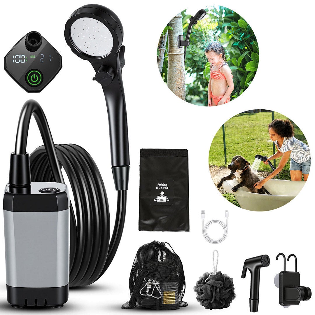 Przenośny zestaw prysznica kempingowego, zestaw z wyświetlaczem LED, akumulator 6000 mAh, idealny na kemping i plażę, szary