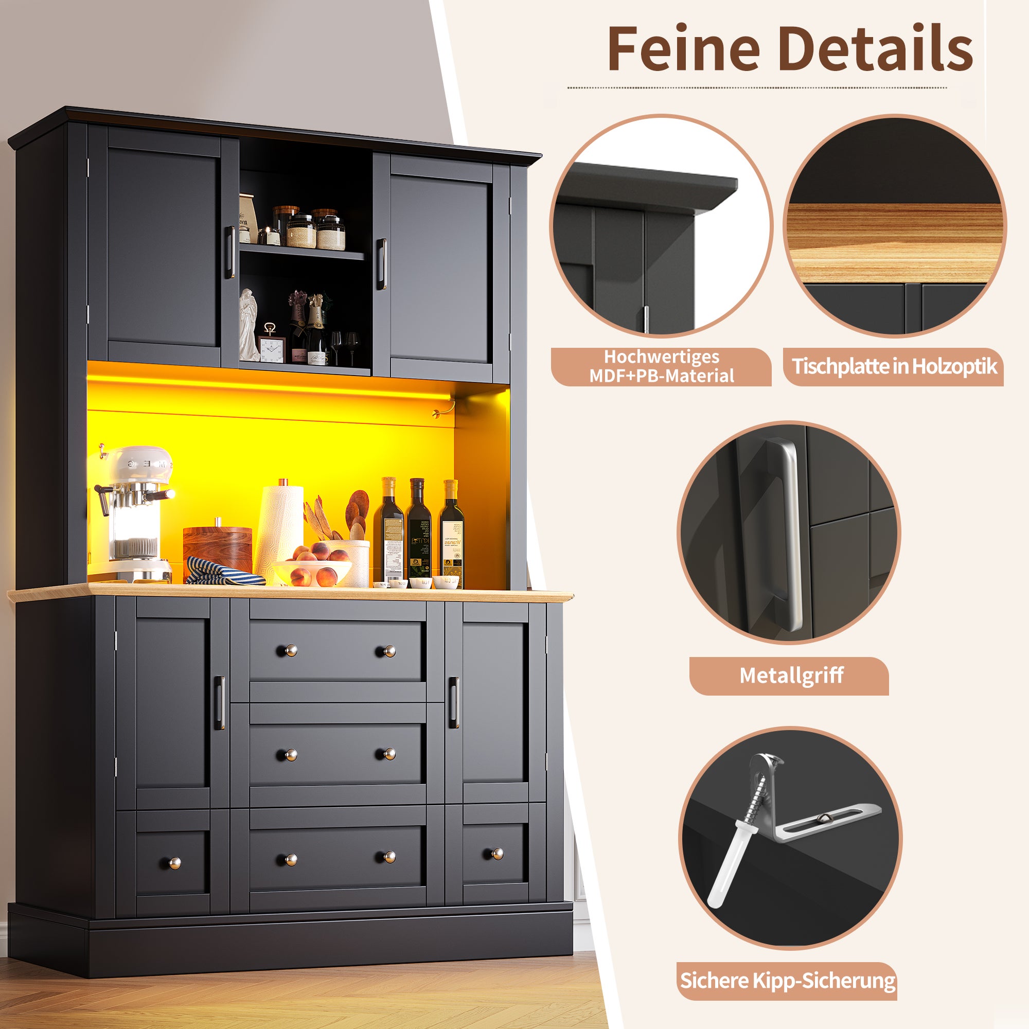 Buffet de cuisine avec 4 portes et 3 tiroirs - 115 x 40 x 180 cm - LEDs - MDF - Noir + naturel - 5