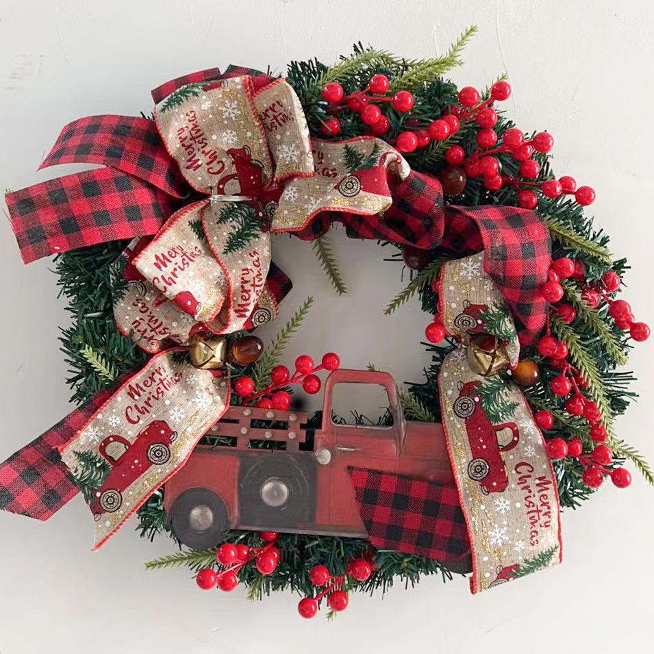 Couronne De Noël Artisanale 66 Cm - Camion Rouge En Jute - Déco Porte