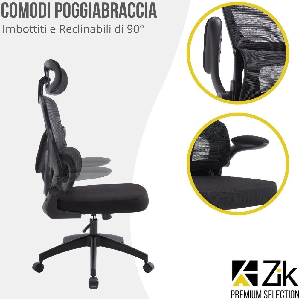 Chaise de bureau avec accoudoirs Fauteuil ergonomique pivotant avec support lombaire et appui-tête réglable, dossier pivotant - Noir - 8