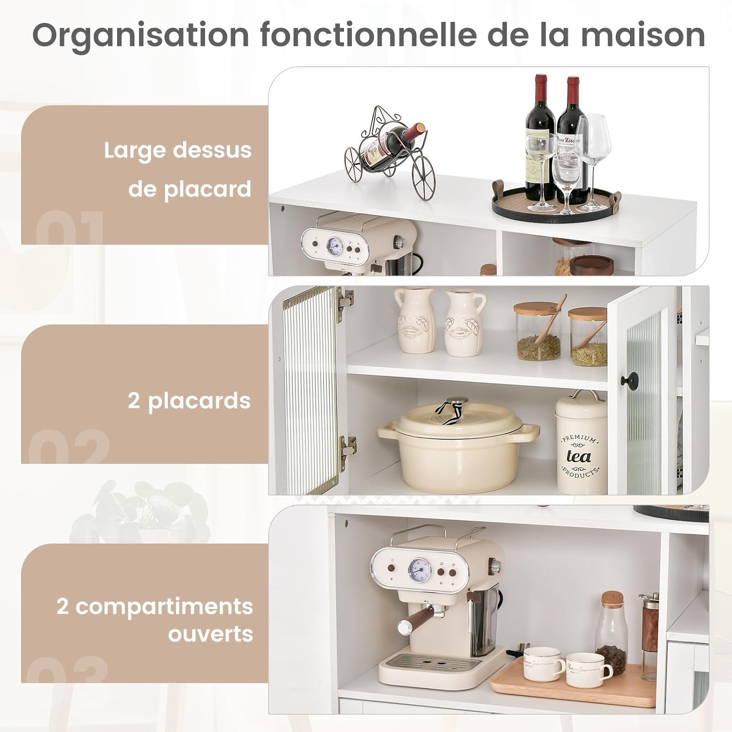 Credenza Moderna con Tanto Spazio, Mobile per Cucina con Ante in Vetro Temperato, Dispositivo Antiribaltamento e Ripiani Regolabili, per Sala - 3