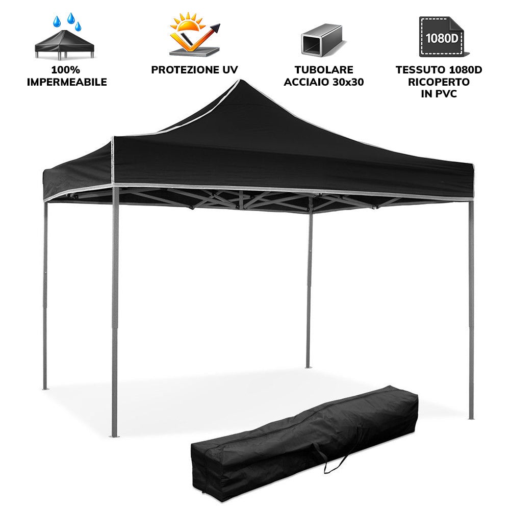 Foișor pliabil 3 x 3, negru, acoperit cu PVC impermeabil