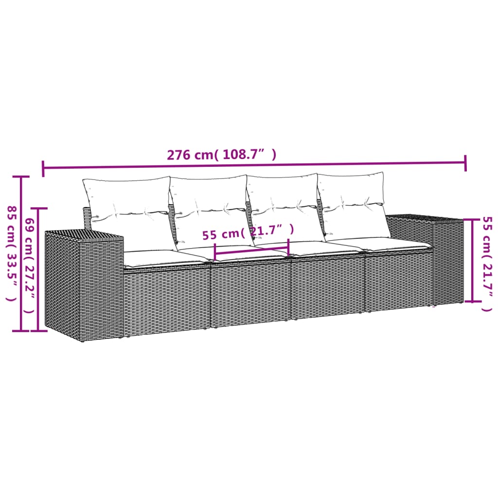 4 pcs conjunto sofás de jardim | Conjunto lounge de jardim c/ almofadões vime PE castanho CFW59378 - 3