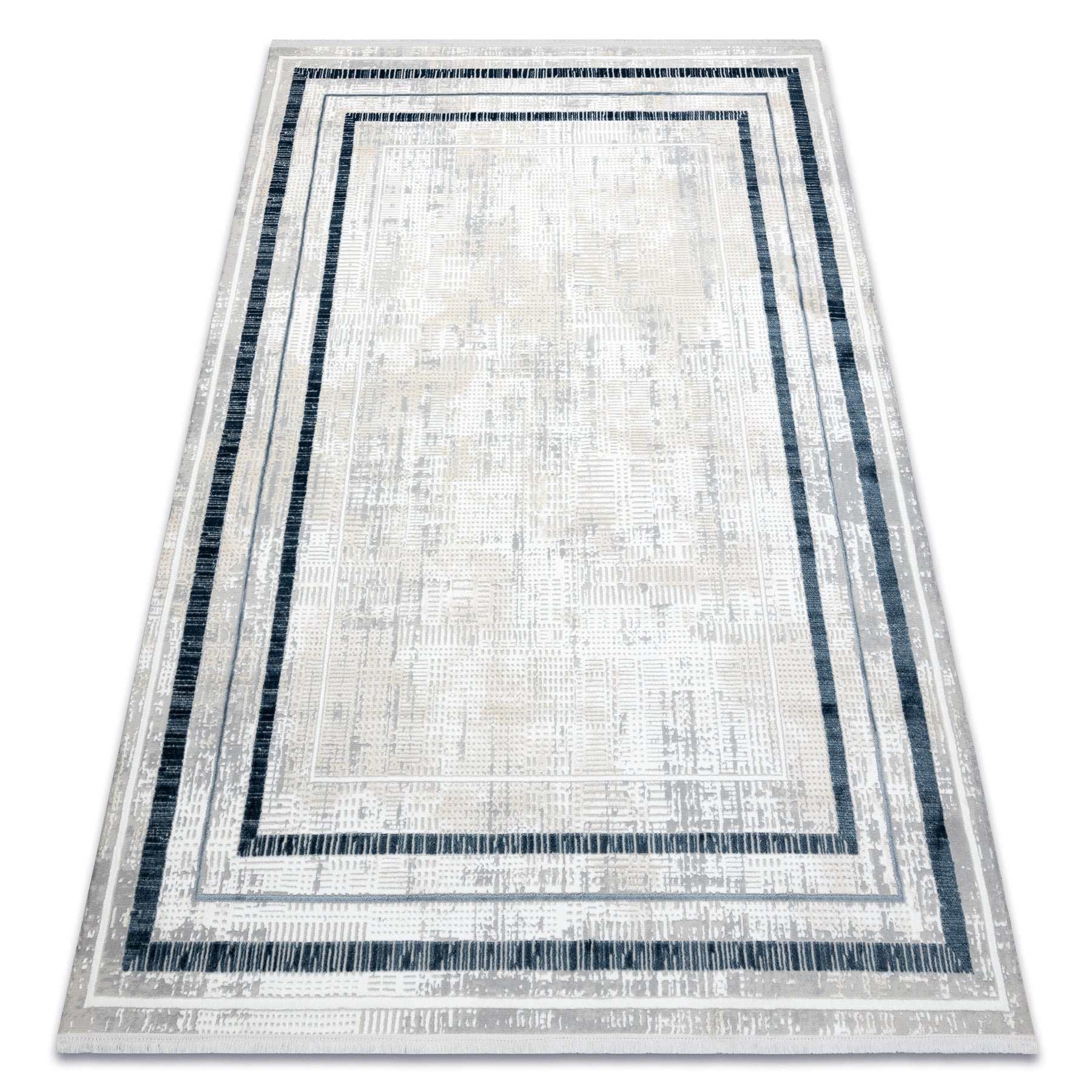 Dywan DUKE 51523 krem / niebieski - Ramka, strukturalny, bardzo miękki, frędzle 140x190 cm