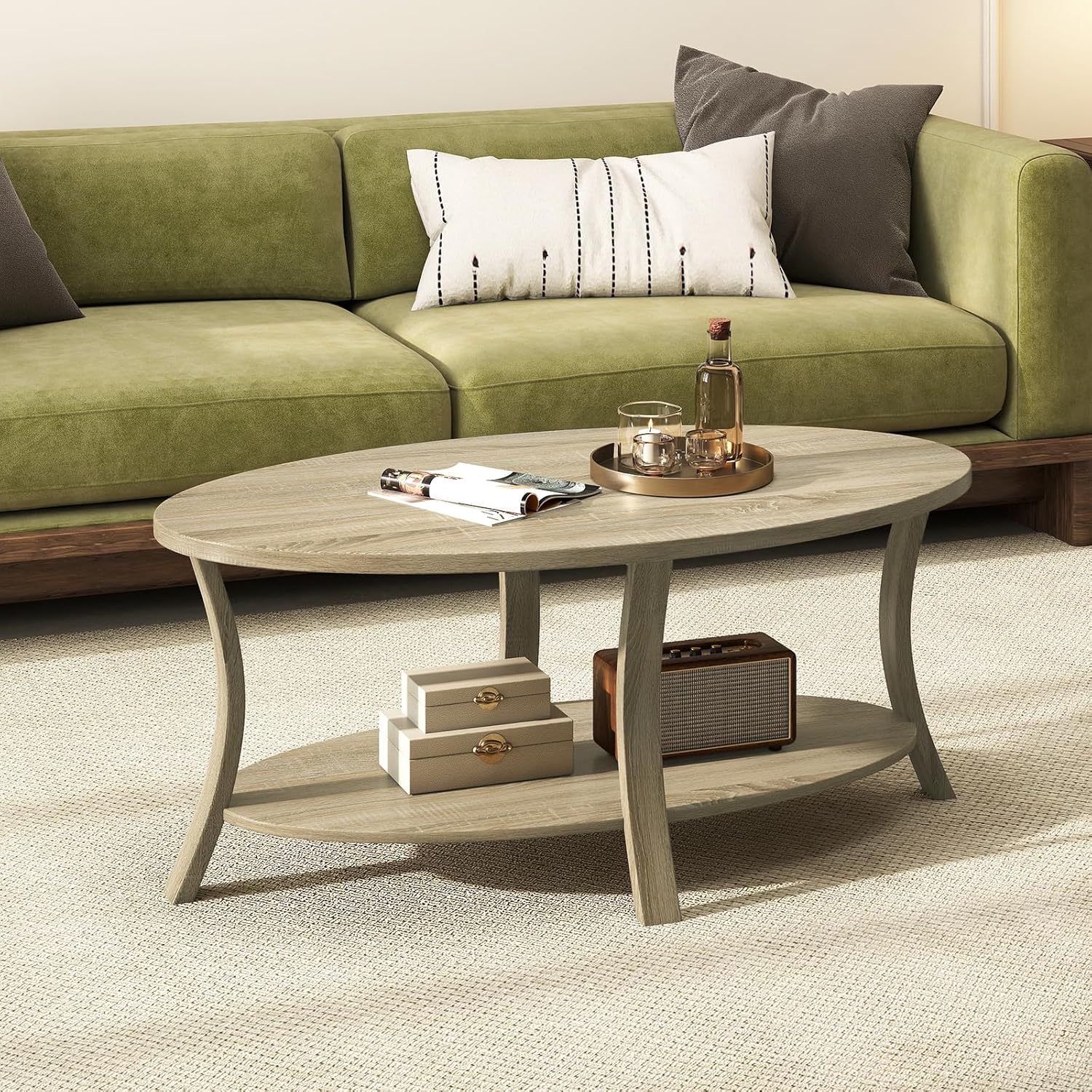 Owalny Stolik Kawowy do Salonu, Stolik Kawowy z Drewna Kauczukowego z Otwartym Regałem, 2 Poziomy, do Biura, Sali Recepcyjnej (Orzech)