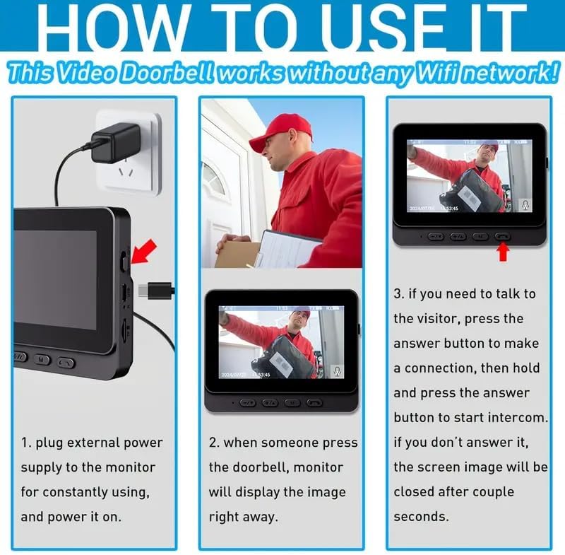 Sonnette sans fil avec caméra, écran IPS 4,3 pouces, interphone vidéo sans fil, étanche IP65, caméra HD 170° - 5