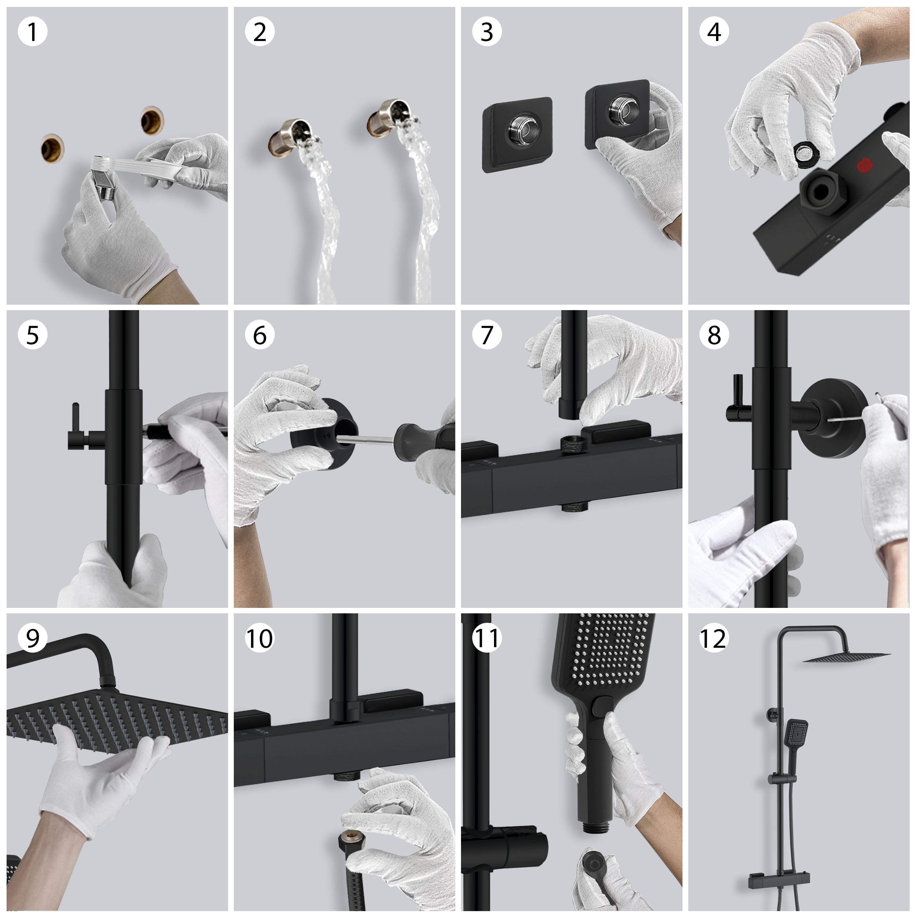 AICA Columna de Ducha Termostática Negro Mate con Alcachofa Superior de 12 Pulgadas Cuadrada Ducha Lluvia para Baño - 8
