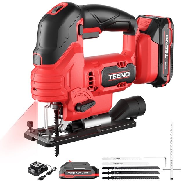 TEENO Scie Sauteuse Sans Fil pour Batterie Makita 20 V, 800-3000 SPM Scie Sauteuse Laser avec 5 lames, Inclinaison ± 45°, 6 vitesses, LED, coupe du