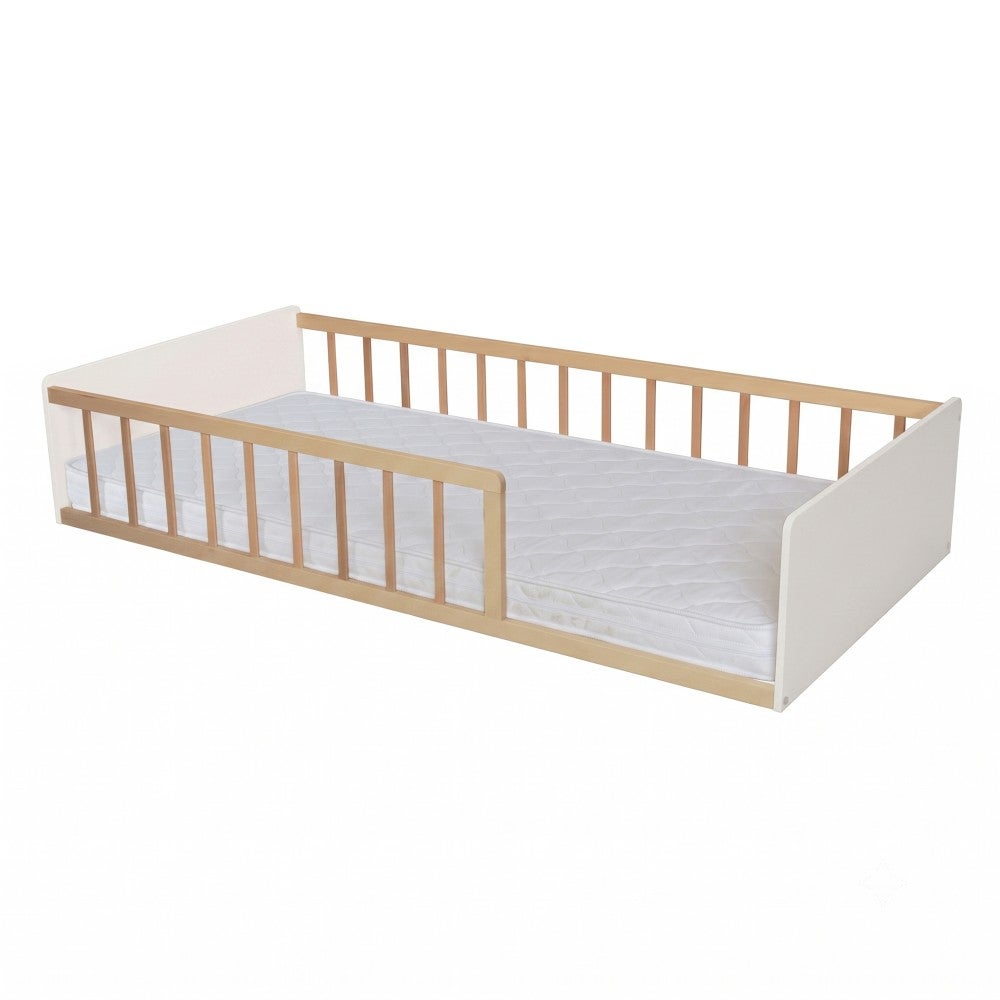 LIT 90x190 PILOU avec sommier et matelas / Blanc et Bois clair - 2