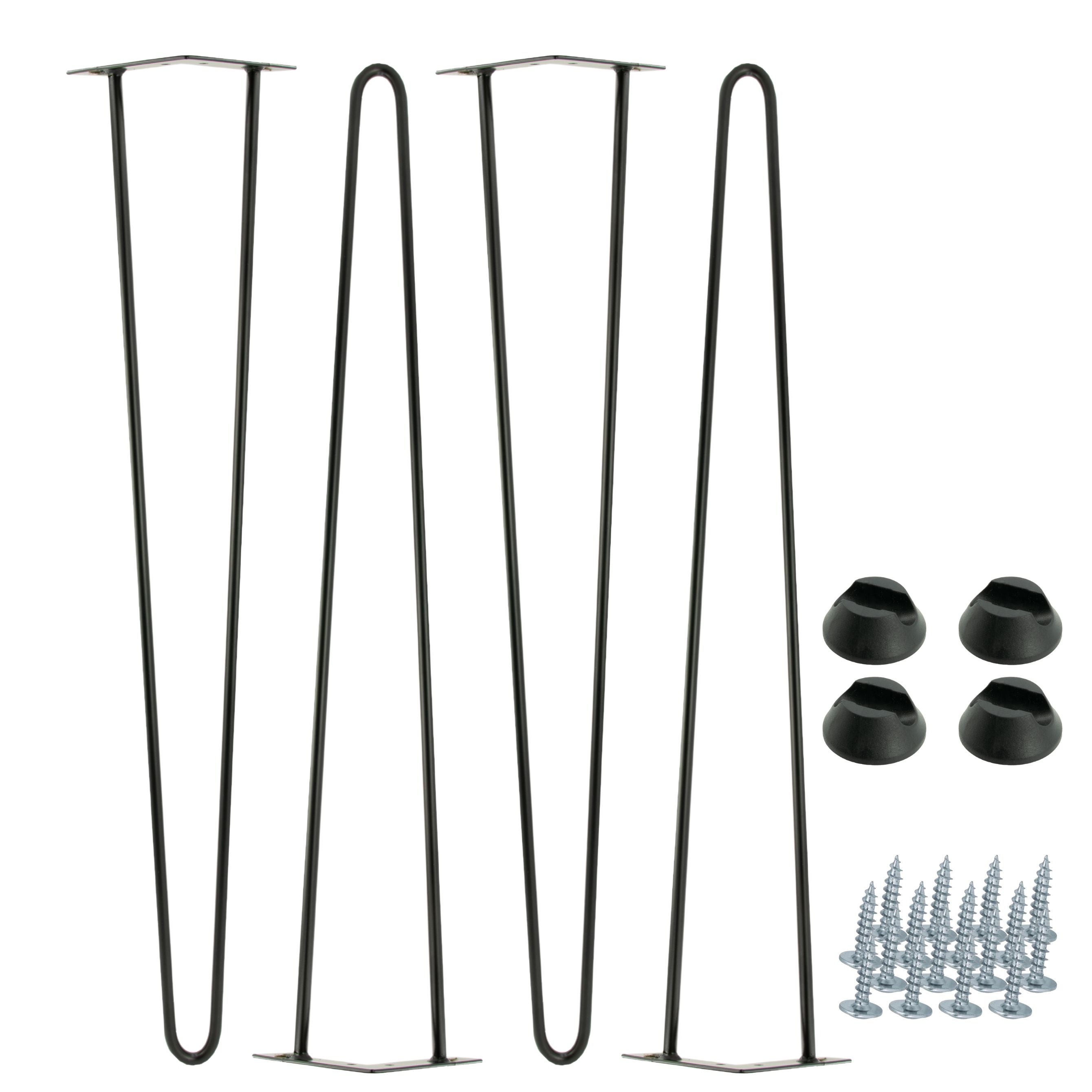 Zestaw 4 nóżek meblowych typu Hairpin, wysokość 71 cm, 2 pręty, kolor czarny ze stopkami plastikowymi