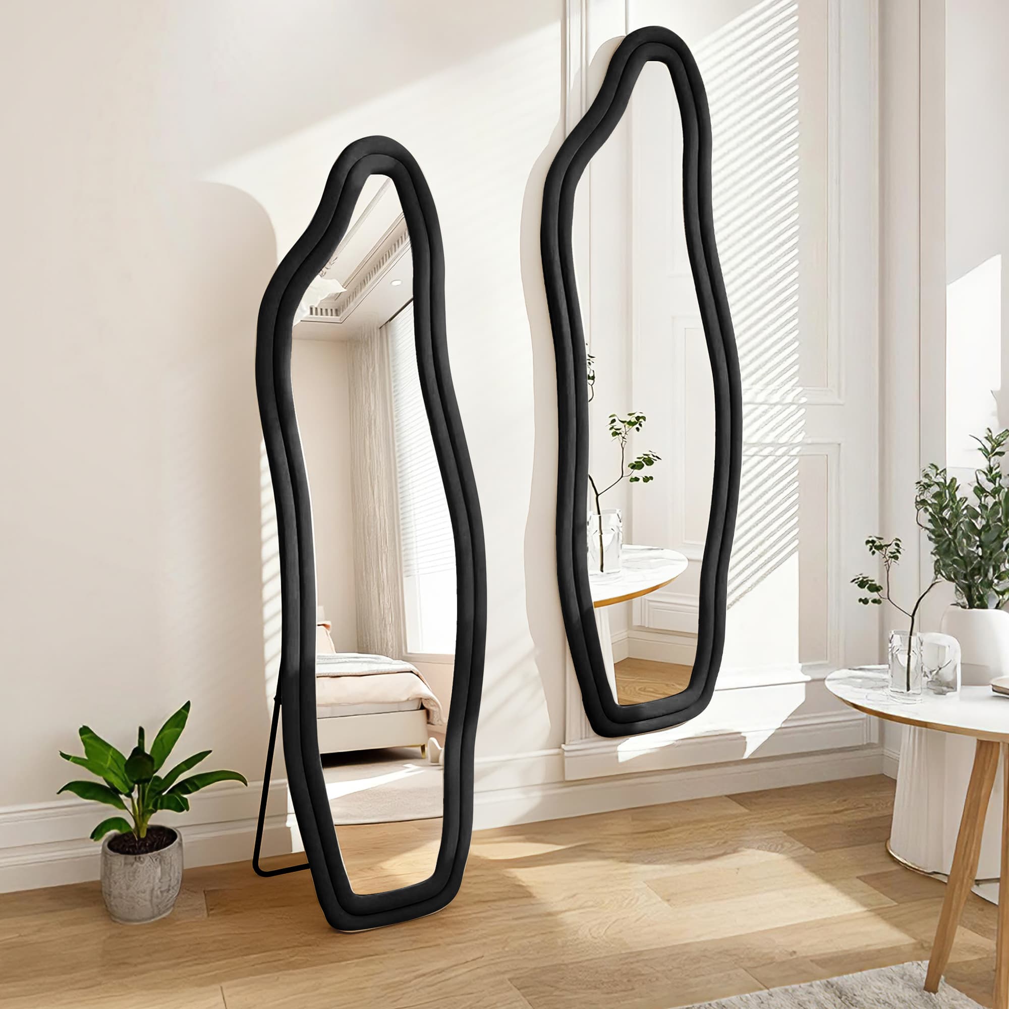 ULIKE Specchio Da Parete Irregolare Nero, Cornice In Legno, 61x91 Cm, Design Ondulato Per Bagno, Camera, Soggiorno