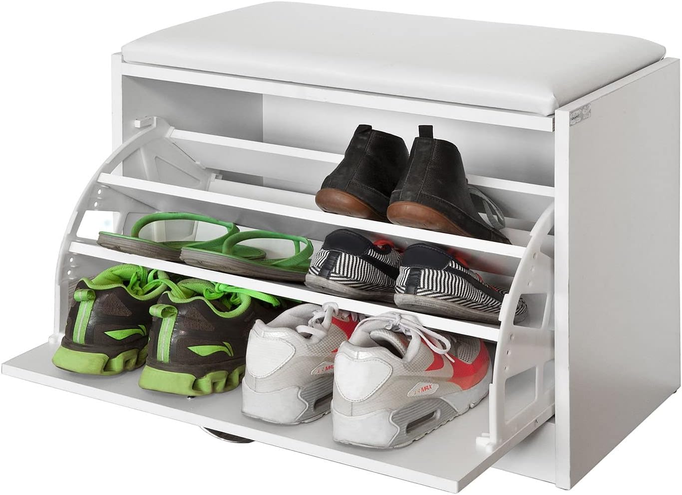 Scarpiera In Legno Con 10 Scomparti E Panchina | 104x30x48cm | Carico 150kg | Marrone/Nero - Foto 2