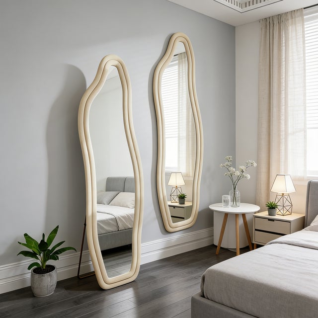 Miroir sur pied 160x50 cm, COZY, Miroir grand modèle, Miroir mural avec velours frame, verre trempé, pour Chambre, Jaune