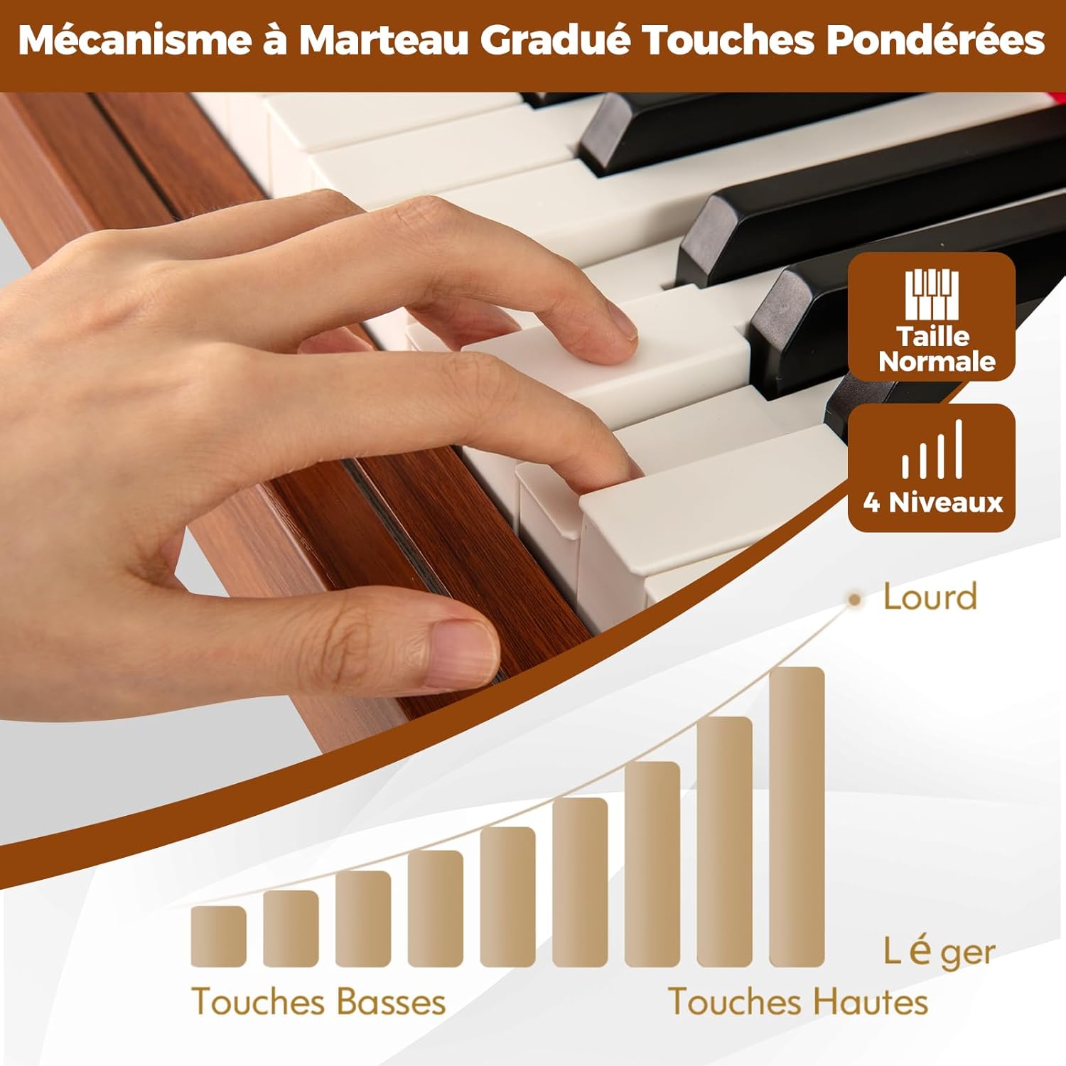 Piano Numérique 88 Touches Pondérées, Triple Pédalier, 2 Haut-parleurs, Casque, Connexion MIDI et Pupitre pour Débutants - 4