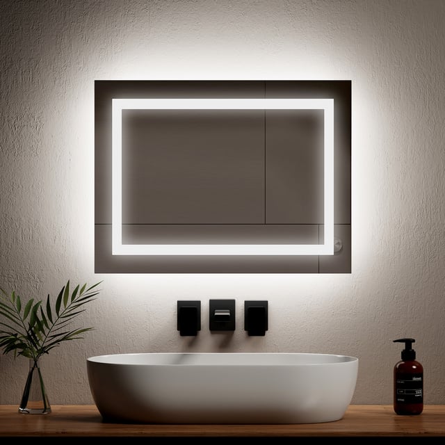 EMKE Espejo de baño iluminado Espejo de baño iluminado con antivaho y 2 colores de iluminación 60 × 45 cm