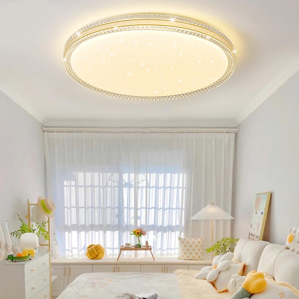 Kryształowa lampa sufitowa LED 48 W, nowoczesna lampa sufitowa LED z pilotem, okrągły żyrandol LED energooszczędny, ciepłe światło 3000 K, φ40 cm