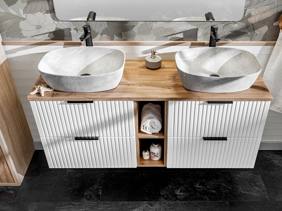 Meuble sous double vasque ADEL BLANC avec l'étagère - extension et plan CHÊNE 140 cm - 9