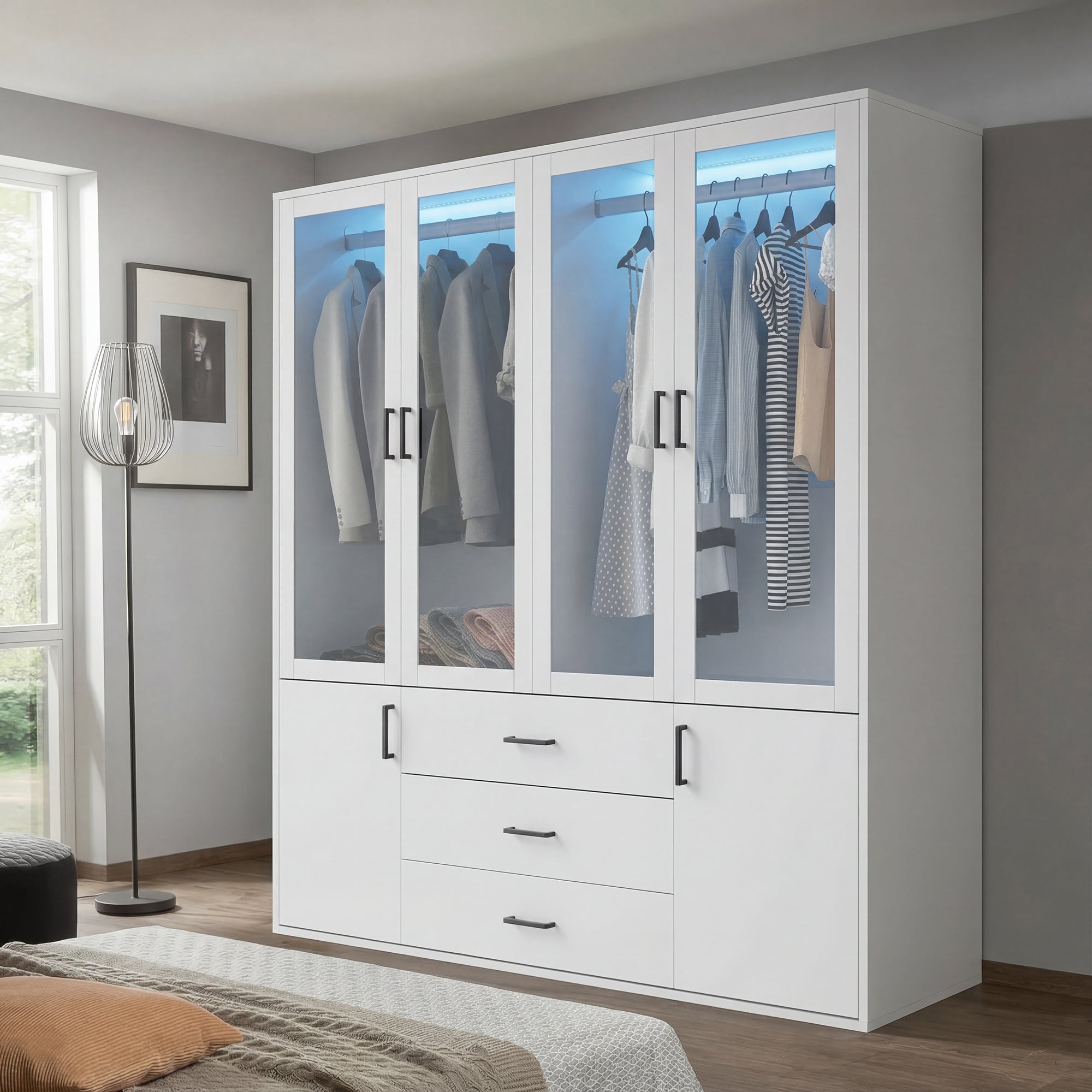 Armoire Chambre avec éclairage LED,Armoire 6 Portes et 3 tiroirs Armoires 180 cm Meuble de Rangement avec 3 tiroirs Armoires de Rangement Chambre - 2