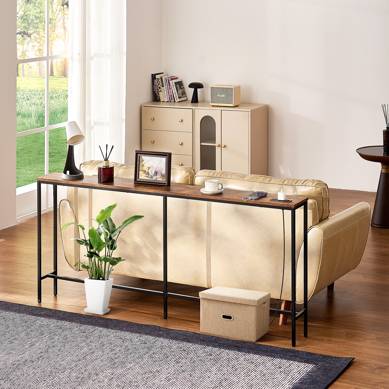 Table Console Étroite 180 cm,VEVOR Table d'Entrée avec Prises,1 Niveau,Cadre Métal,Station de Charge,pour Couloir,Salon,Marron et Noir - 8