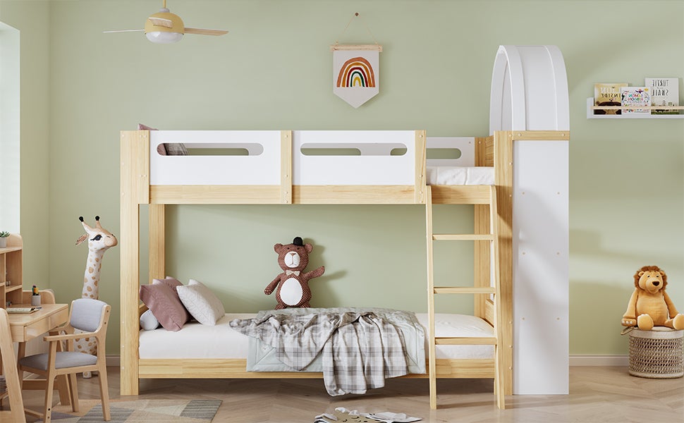 Łóżka piętrowe 2 x 90 x 200 cm z 3-poziomową półką - Sosna + MDF + sklejka - Białe + naturalne (Materace nie są wliczone w cenę) - 9