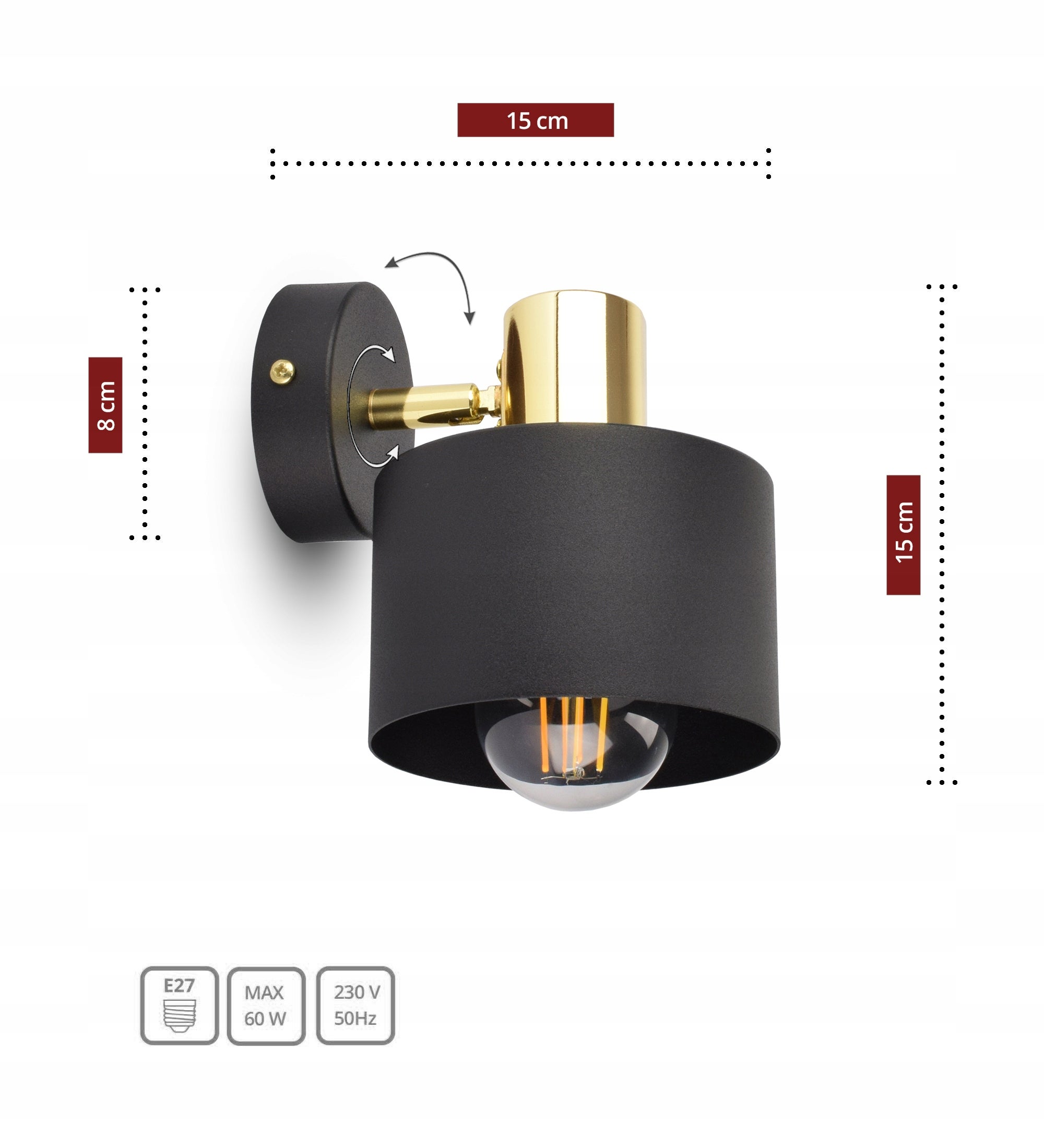 Kinkiet Lampa Ścienna Classic Spot Czarna Złota 482-K1 LED E27 - 6
