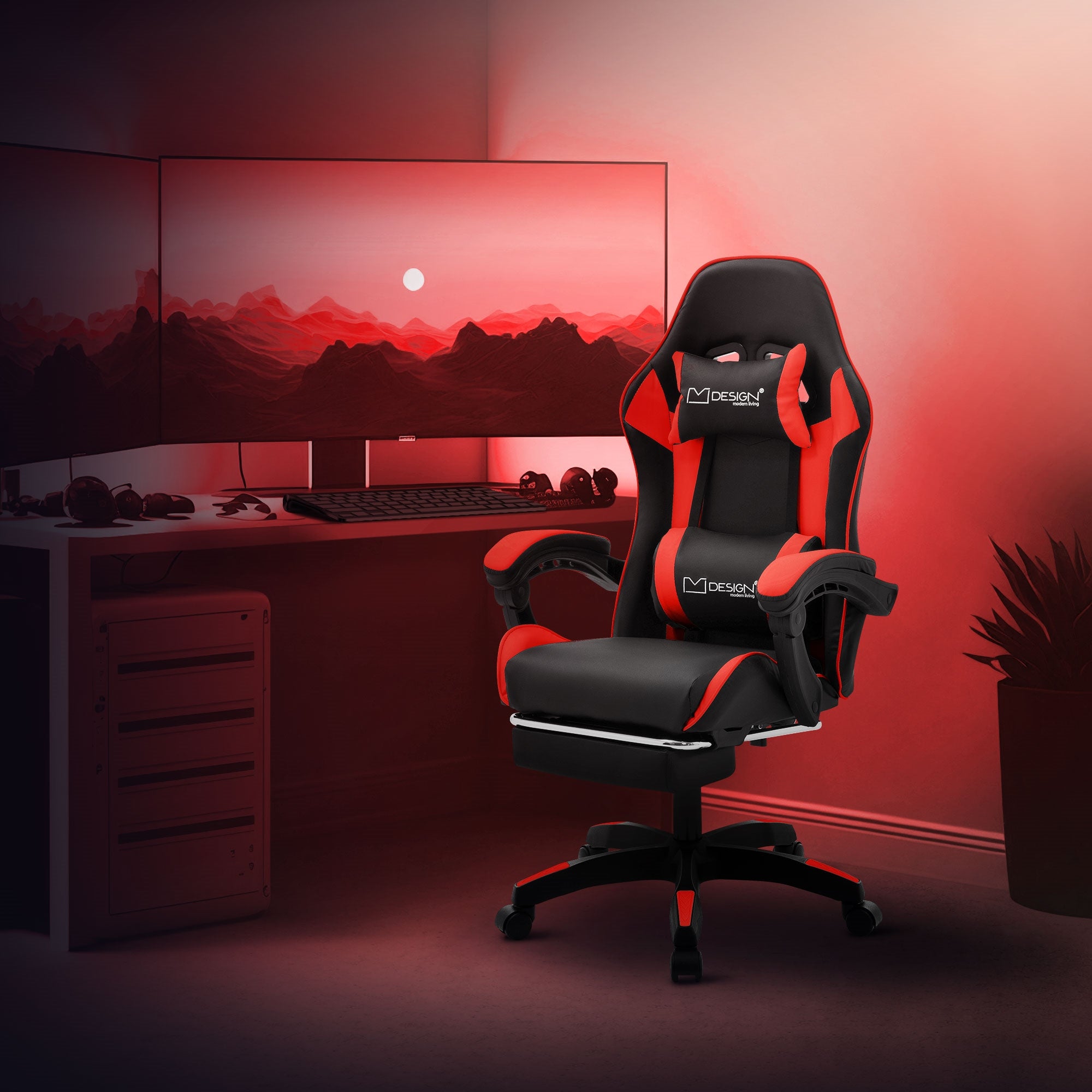 ML-Design fotel gamingowy ergonomiczny dla graczy czarno-czerwony obrotowy regulowany z podnóżkiem podłokietnik zagłówek poduszka lędźwiowa biurowy