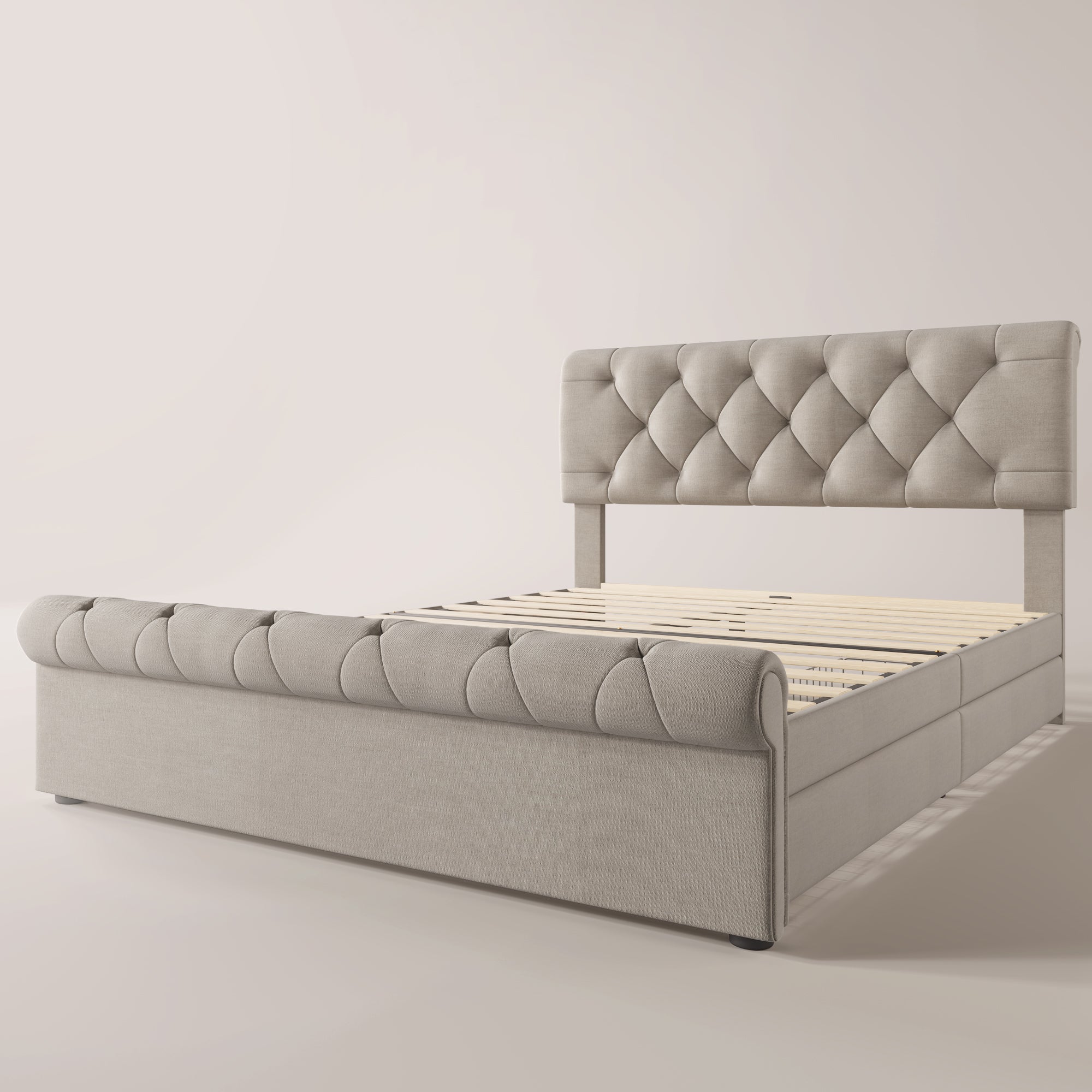 Letto Matrimoniale Imbottito 140x200 Cm Con Luci LED E Cassetto: Struttura In Legno E Tessuto Lino Beige - Senza Materasso