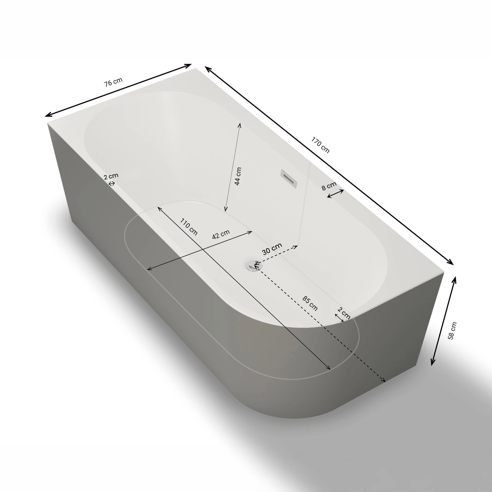 Baignoire Ilot Capri 170 gauche grise 170 x76 x58 cm, by SPALINA - 8