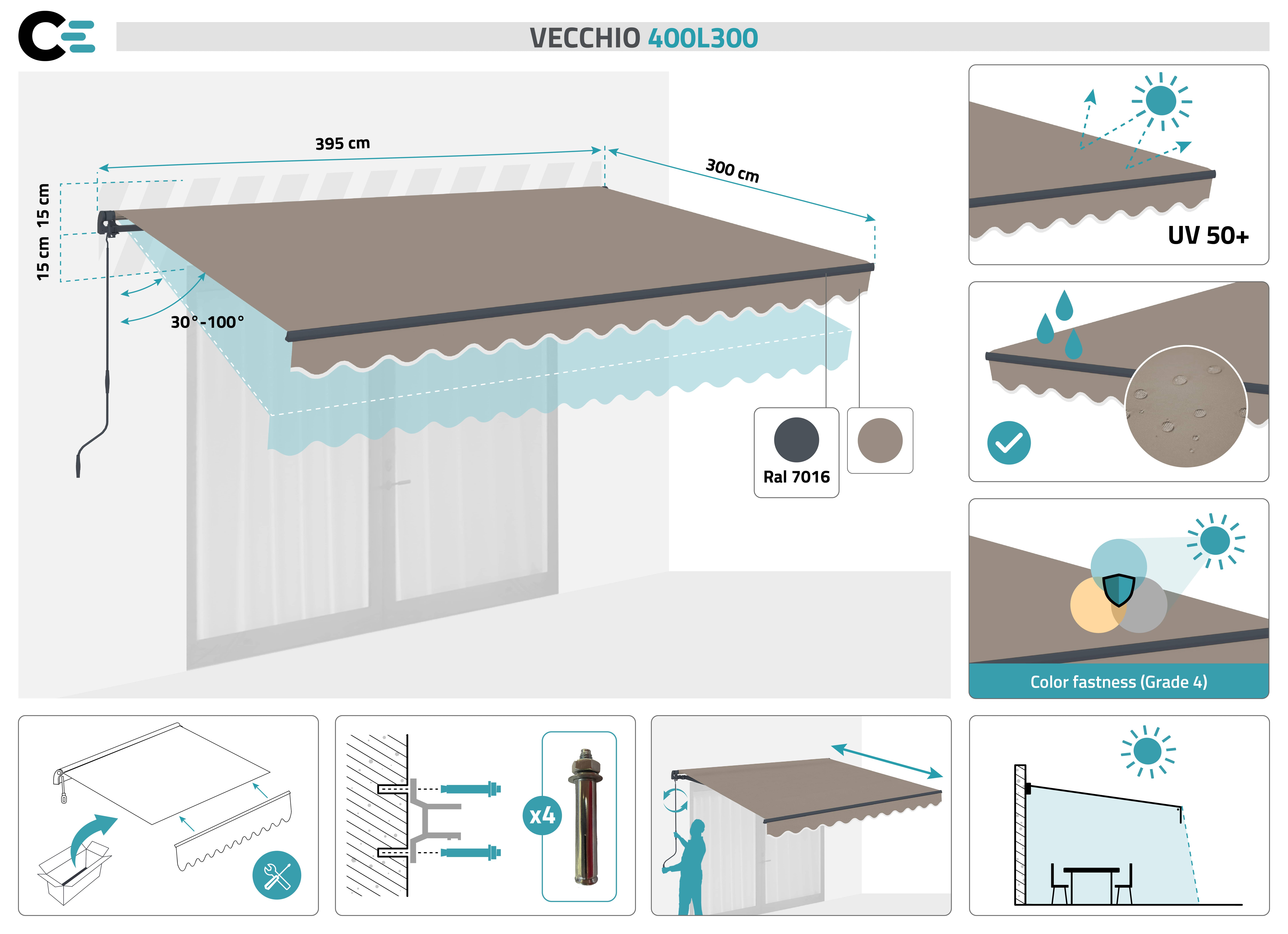Store banne monobloc VECCHIO 4m x 3m - Toile premium 320g/m2 Taupe - 2