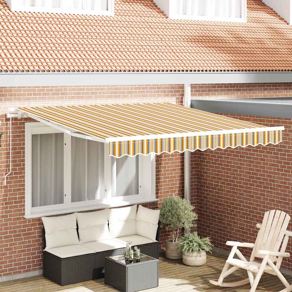 Toldo manual retráctil 350x250 cm rayas multicolor – poliéster aluminio uv impermeable exterior