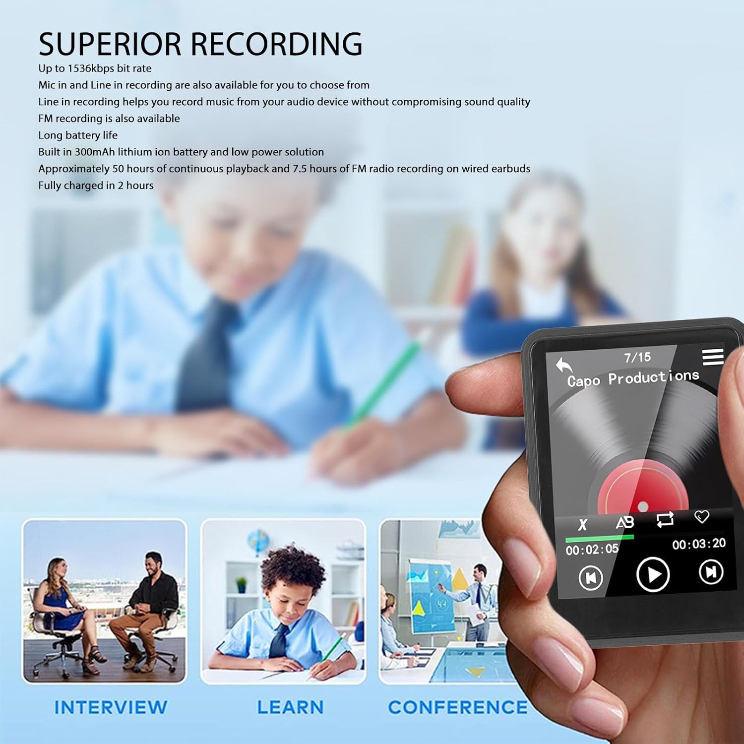 (Sans Carte） Lecteur MP3 MP4, Lecteur de Musique MP3 avec écran Tactile Complet de 2,4 Pouces et Mémoire, Lecteur MP3 Classique Haut-parleurs HD Intég - 2