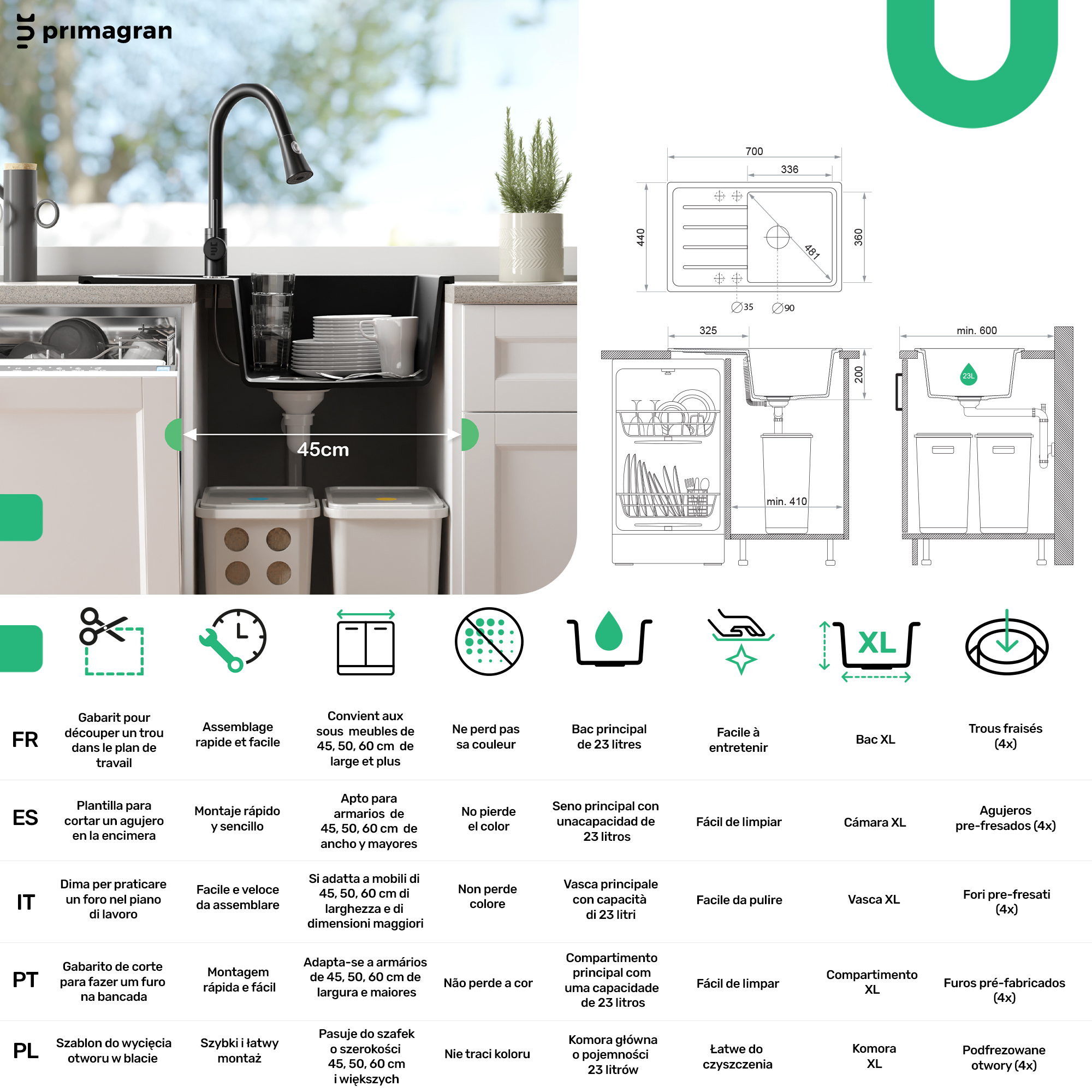 Evier Cuisine en Granit Noir 70x44cm, Lavabo 1 bac + Kit de Vidage, Évier à Encastrer au meuble 45cm - Copenhague Easy PRIMAGRAN - 6