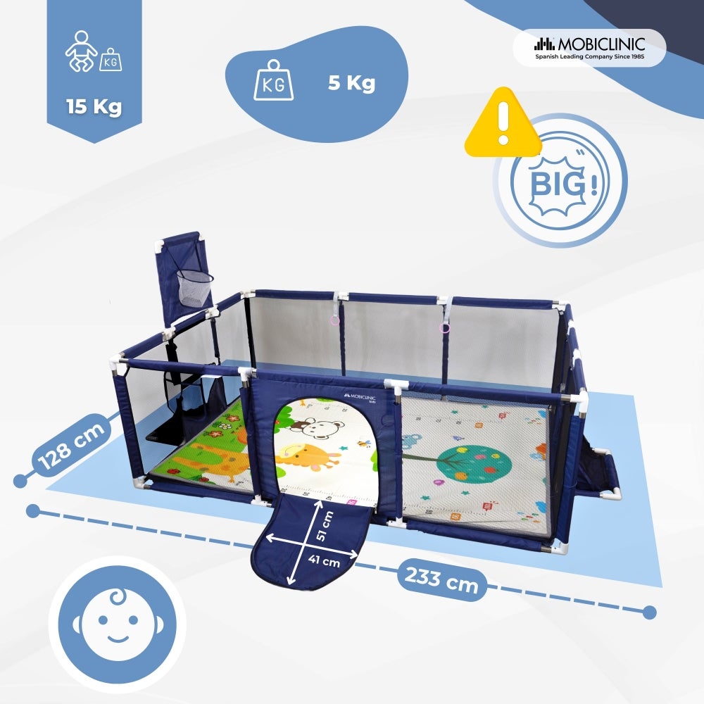 Parque infantil com tapete Mobiclinic Cercadinho bebé Tapete 128 x 233 cm Aros Cesto e rede de futebol Saco de transporte Kidland Azul - 2