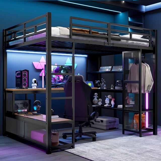 Lit mezzanine 140 x 200 cm avec bureau et penderie ouverte - Port USB et LEDs - Métal - Noir (Sans matelas)
