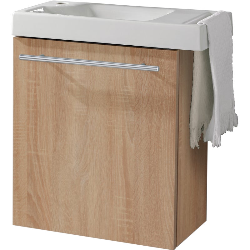 Meuble Lave-mains TABLO 400 Avec Porte-serviettes - Vasque 55 Cm, Meuble Sous Vasque, Couleur Aspect Chêne, Sans Miroir