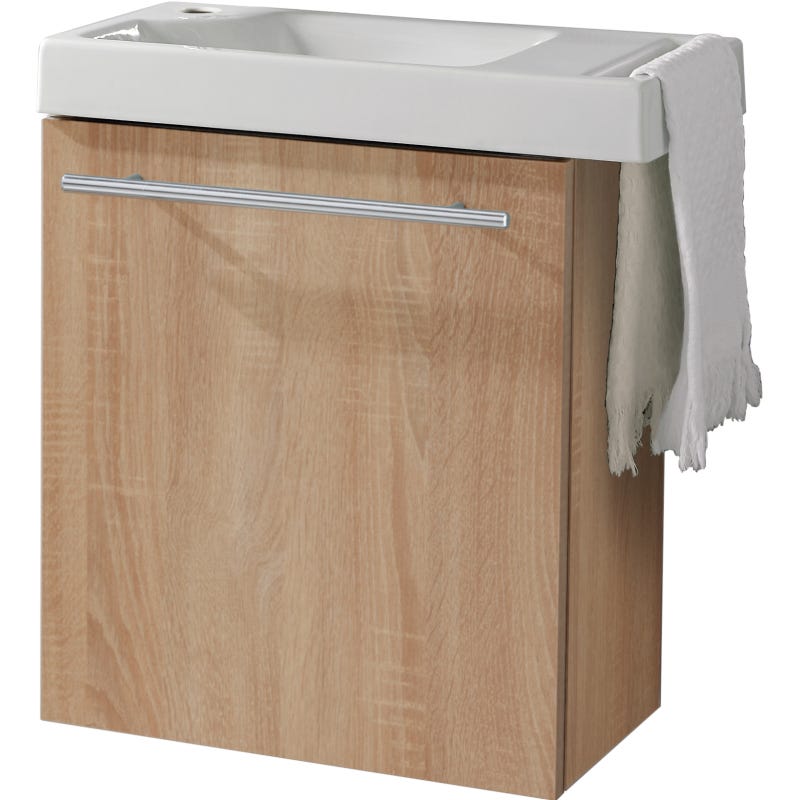 Meuble Lave-mains TABLO 400 Avec Porte-serviettes - Vasque 55 Cm, Meuble Sous Vasque, Couleur Aspect Chêne, Sans Miroir