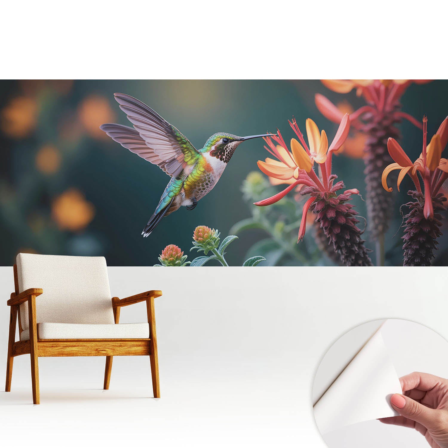Tapeta samoprzylepna nowoczesna dekoracyjna elegancka stylowa trwała i łatwa w montażu 250x104 cm - Koliber wśród kwitnących roślin TULUP