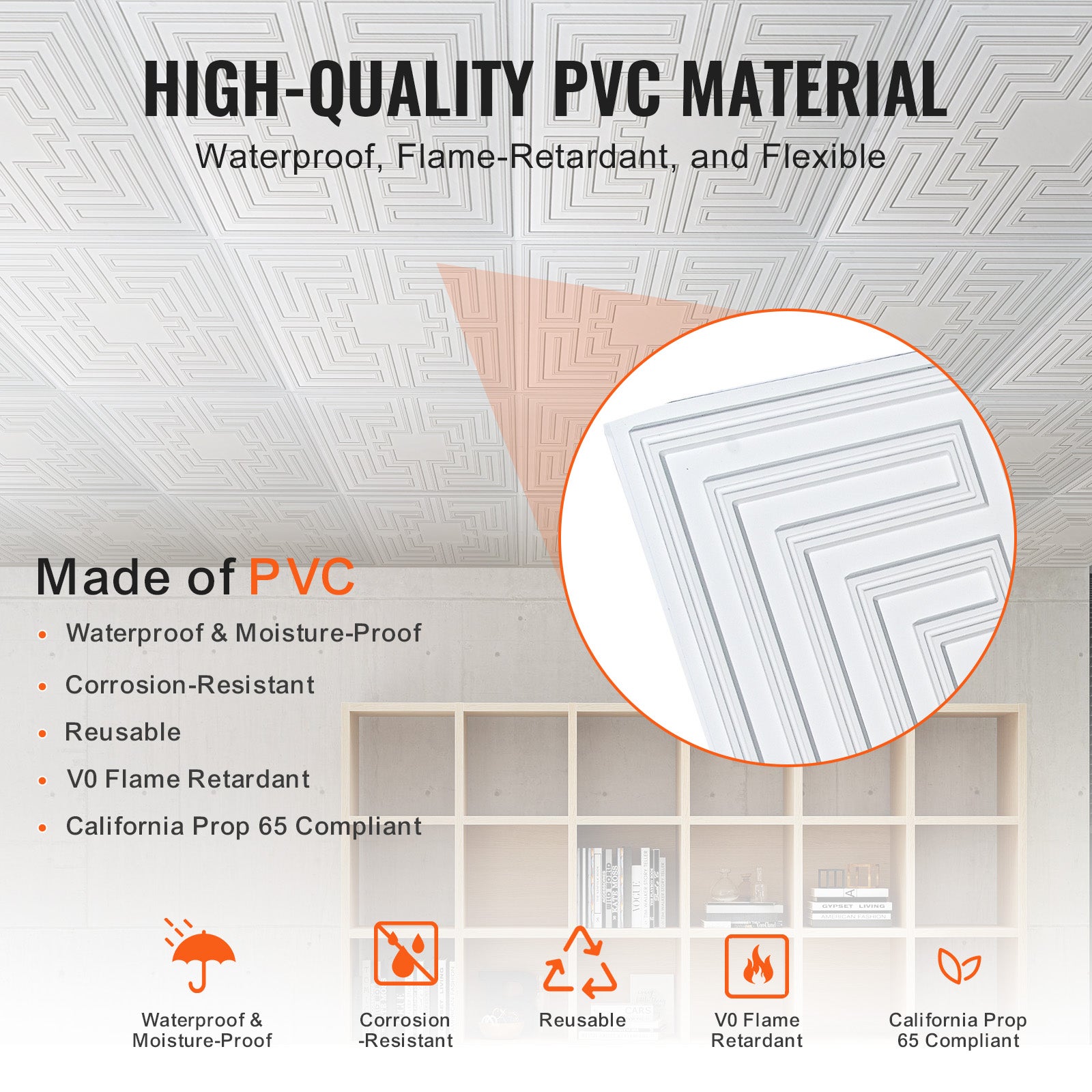 Dalles de Plafond PVC VEVOR Lot de 12, 605x605 mm, Découpe Facile, Pose avec Colle, Motif Echo Blanc, pour Maison et Bureau - 3