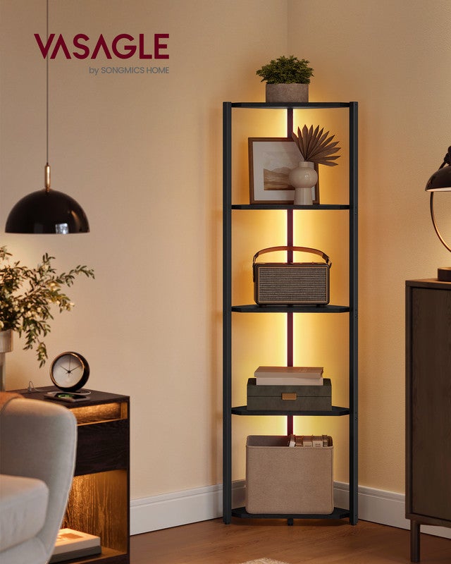 Étagère d'angle à 5 Niveaux, Bibliothèque avec Éclairage LED Réglable, Meuble de Rangement avec Cadre en Acier,pour Salon, Chambre, Noir Boisé - 2