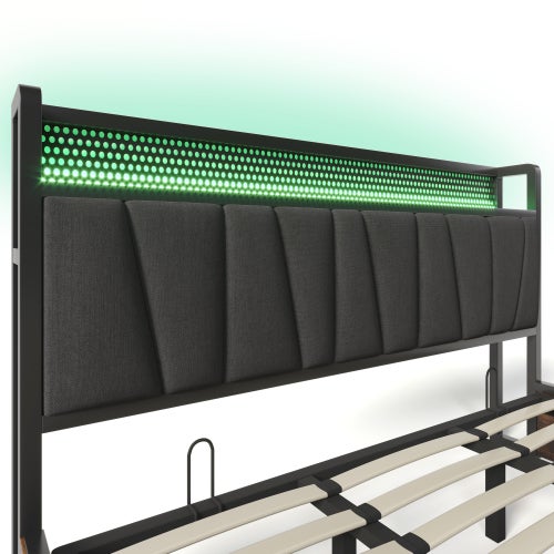 Lit coffre 180x200 cm Lit Double lit Rembourré avec LED Contrôlée par App et Chargeur USB - Structure Métal et Sommier Bois - Moderne - Gris - 6