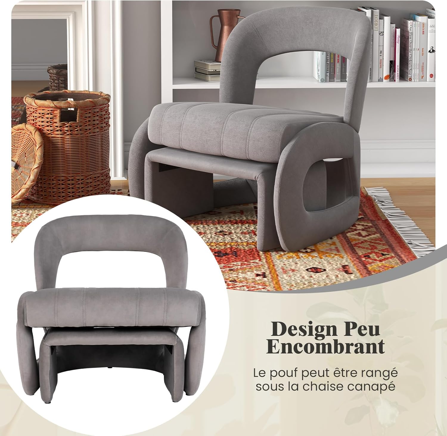 Poltrona con Pouf, Poltrona Relax con Poggiapiedi, Set di Poltrona e Pouf Rivestiti in Velluto, con Schienale Curvo Aperto, Poltrona da Lettur - 7