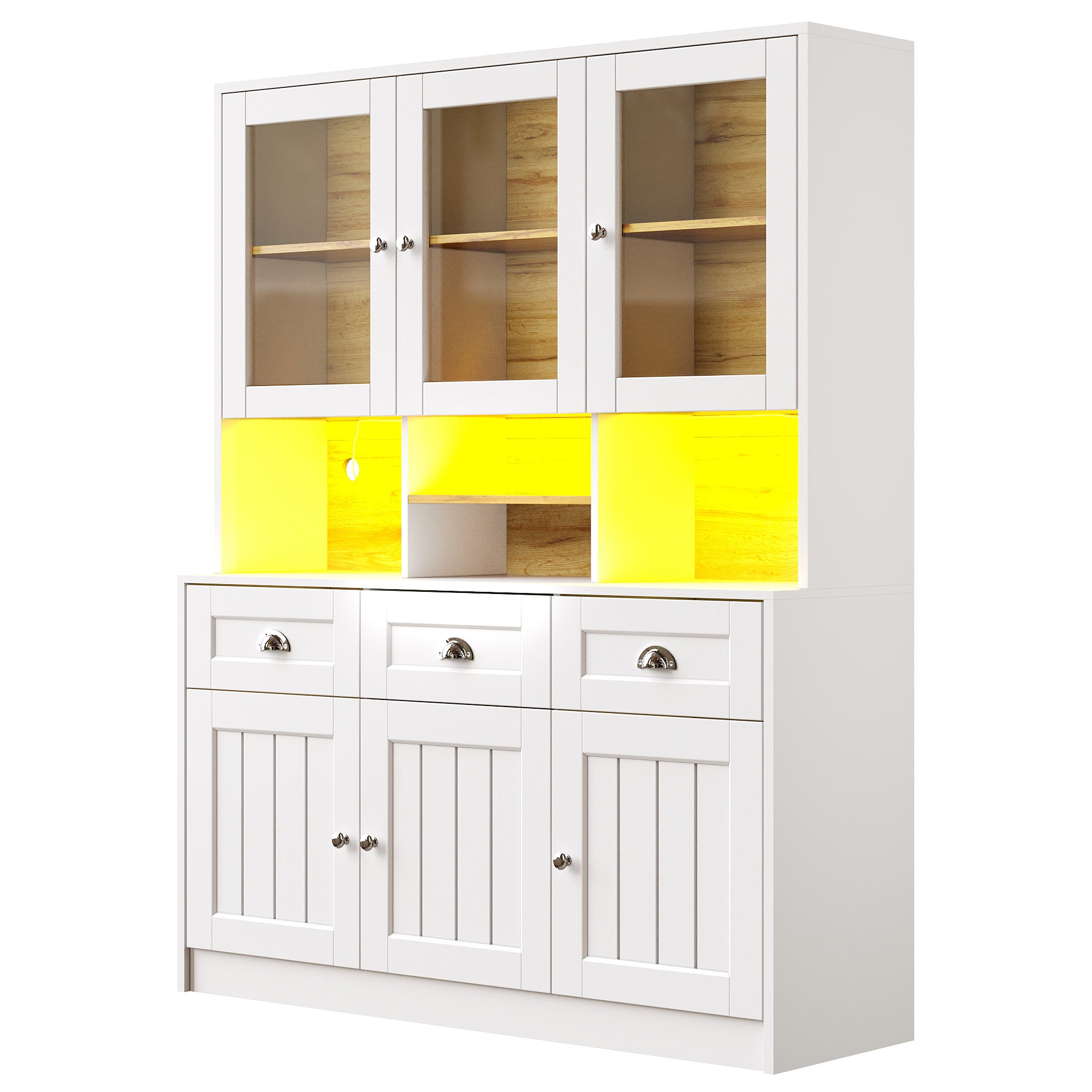 Credenza da cucina con 6 ante e 3 cassetti, vetrina - 140 x 40 x 175 cm - LED - MDF - Bianco - 8