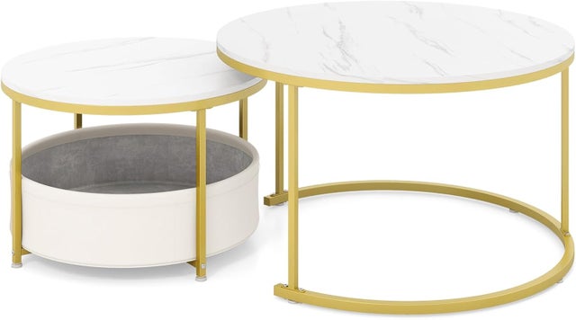 Okrągła Stolik Kawowy, Zestaw 2 Stoliłów Gniazdujących z Koszem do Przechowywania, Rama Metalowa, φ80 cm + φ60 cm, Stoliki dodatkowe do Salonu, Biura