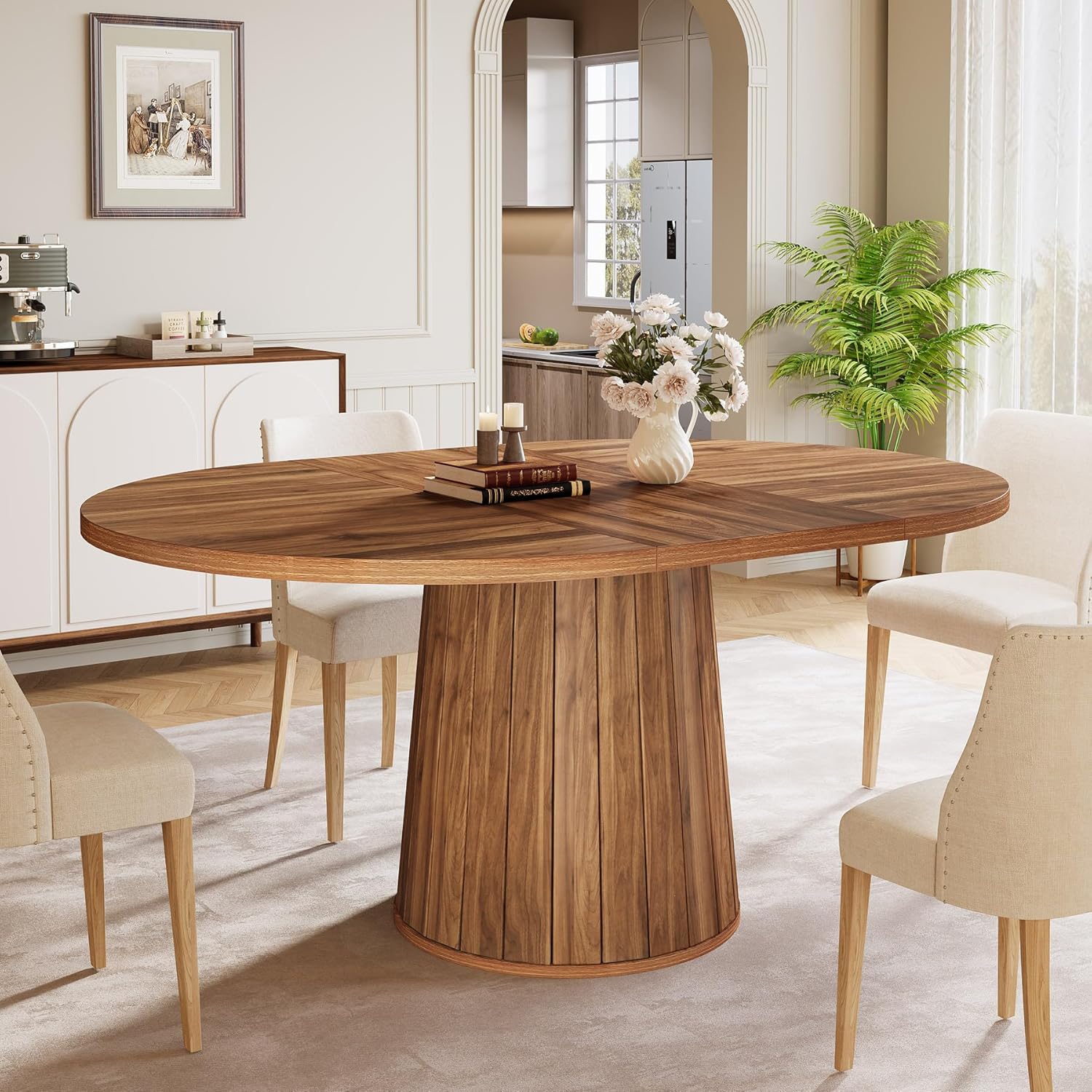 Tribesigns Owalny stół do jadalni dla 6 osób, 140 cm, z drewnianym blatem i cylindryczną podstawą do jadalni (brązowy)