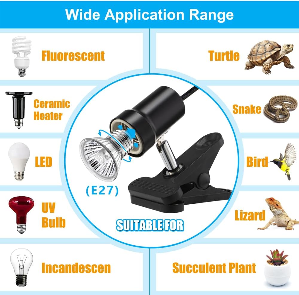 Cresce a luz, lâmpada de aquecimento para répteis, lâmpada giratória de aquecimento para tartarugas, 50W UVA UVB, lâmpada de luz solar simulada, clipe - 5