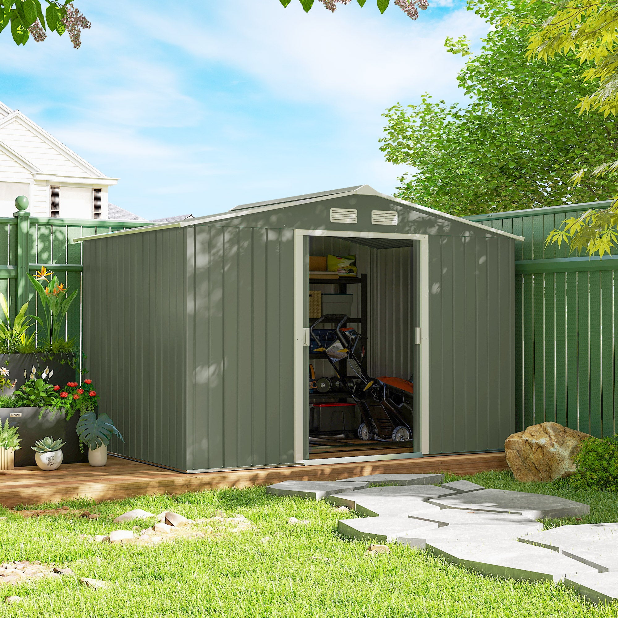 Abri de jardin 4,9 m² 277x195x192 cm avec 2 portes coulissantes Base renforcée (sol NON inclus) vert clair - 4