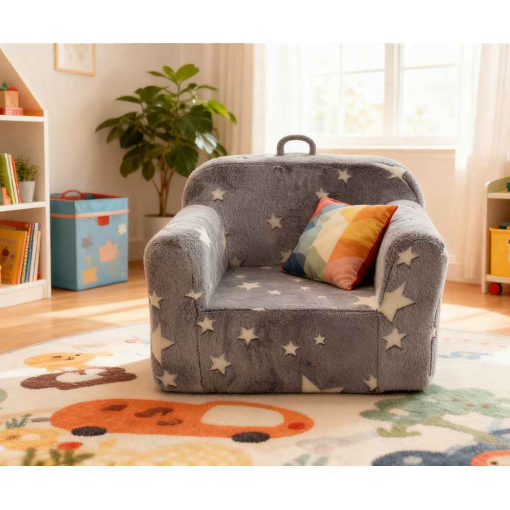 Nino Divano Letto Convertibile Per Bambini – 2 Posti Con Pouf E Cuscino, Grigio, Certificato Oeko-Tex