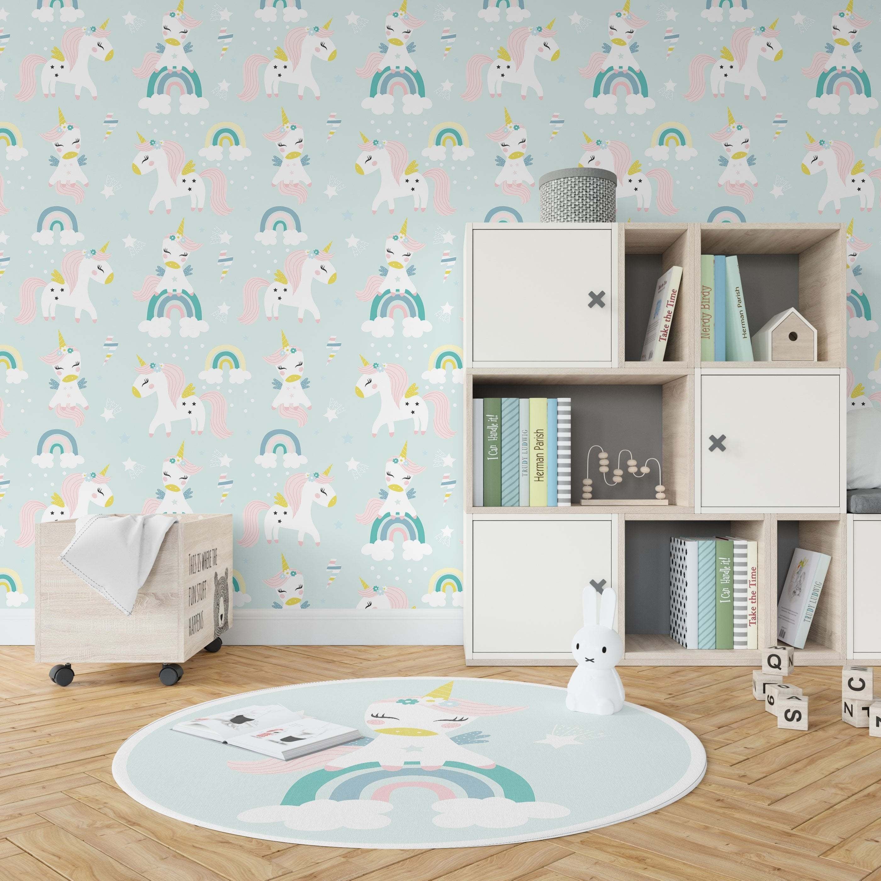 Papel pintado vinilico infantil unicornios menta y amarillo lavable y removible - 1 rollo 50x300 cm - decochic