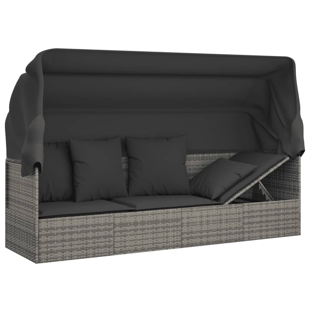 vidaXL Lit de salon d'extérieur toit et coussins Gris Résine tressée - 8